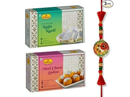 Haldiram's Nagpur Kaju Katli 500g, Moti Choor Ladoo 500g With Premium Rakhi Assorted Gift Box (Multicolor)