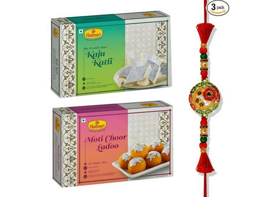 Haldiram's Nagpur Kaju Katli 500g, Moti Choor Ladoo 500g With Premium Rakhi Assorted Gift Box (Multicolor)