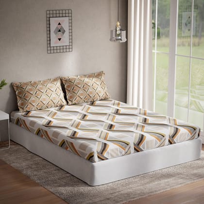 DDECOR - Geometric Cotton 136 TC Double Bed Sheet with 2 Pillow Covers - Brown