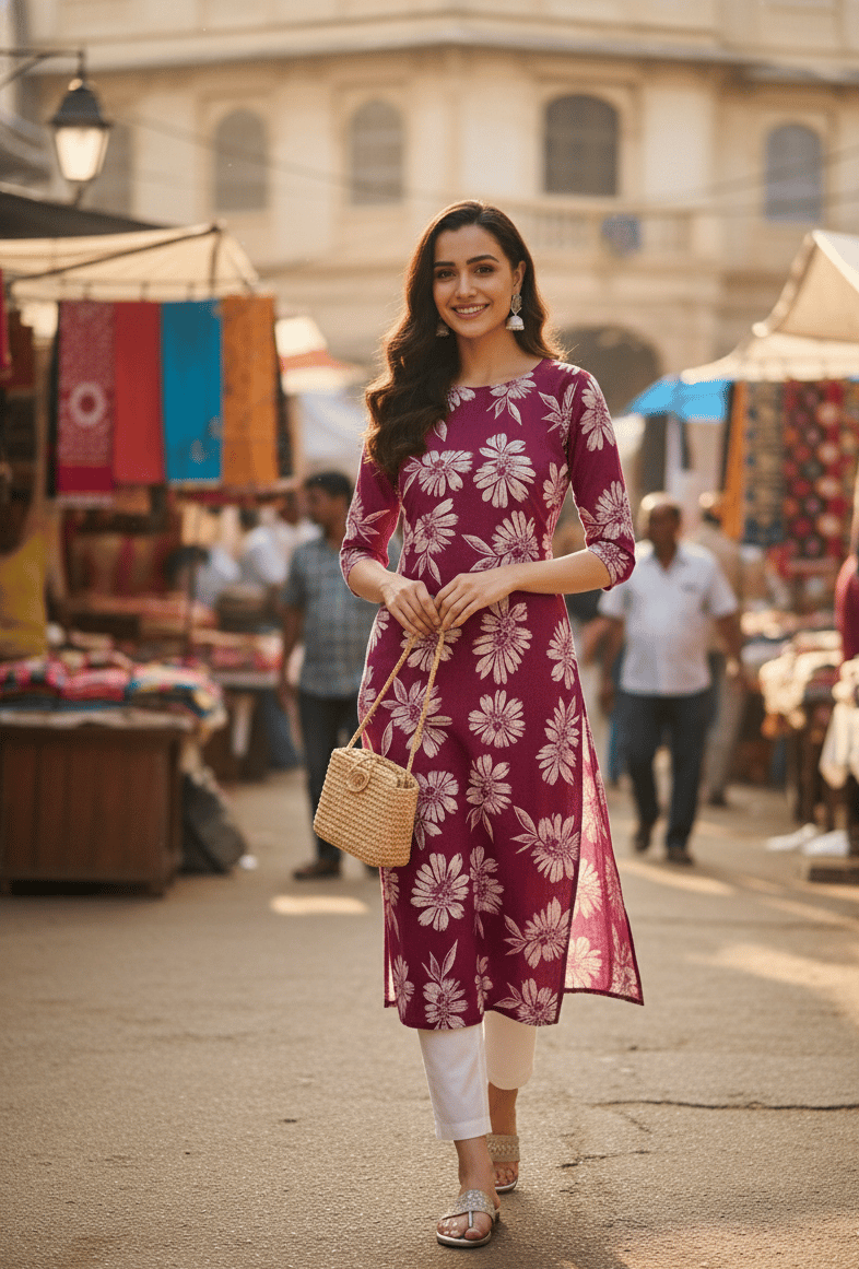 Magenta & White Floral Print Straight Cotton Kurta with Three-Quarter Sleeves