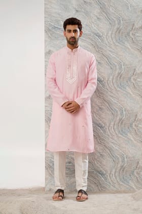 PINK COTTON SILK MIRROR WORK KURTA SET-Pink / XS/34