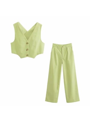 Crop Waist Vest Coat & Wide Leg Pants Coord Set-M / GREEN