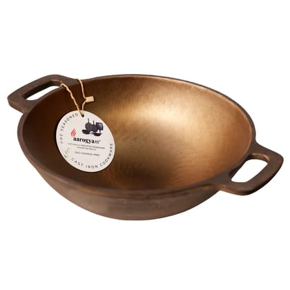 Aarogyam Cast Iron Double Handle Round Loha Kadai 11 inch Diameter (28 cm) Pre-Seasoned, Naturally Non-Stick, Toxin-Free,  Compatible With Gas Stove- Perfect for Deep Frying, Weight -2.6 kg (Colour - Black) by Aarogyam - The Cast Iron Shop