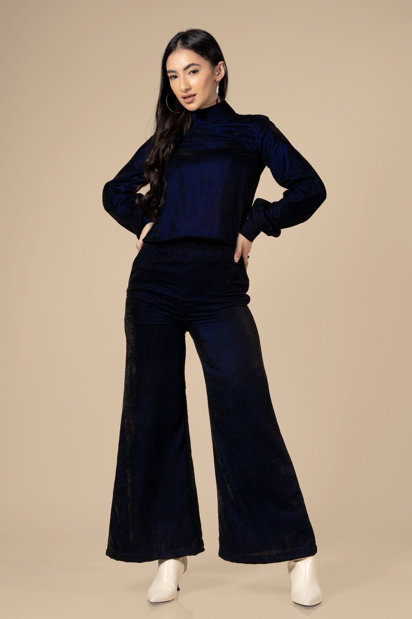 Blue High Neck Velvet Co-Ord Set For Women-XXS / Navy Blue / TP0029-F1434020-1.5-NILL-NILL-NILL-NILL-THB001-FS0003-NILL-BT0014-6-BT0005-F1434020-2-NILL-NILL-NILL-NILL-THB001-FS0003-ZPH0001-NIL-NIL