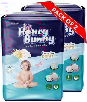 Honey Bunny Pants Diapers L-96pcs (Pack of 2) Wetness Indicator,Silky Soft-Bubble sheet (9-14kgs)