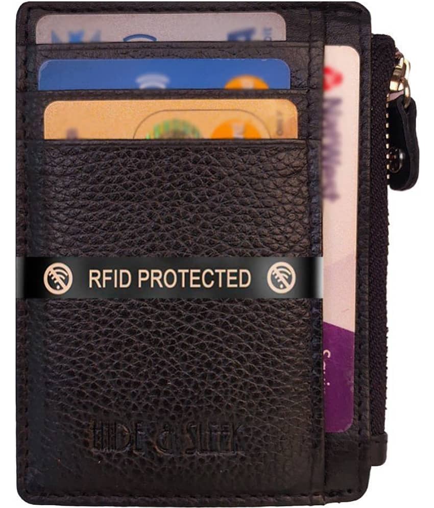 Hide&Sleek RFID Protected Genuine Brown Leather Side Zip Card Holder