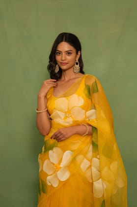 Sunshine Yellow Pure Organza Saree with Hand-Painted White Floral Motifs & Sequin Embellishments-Regular