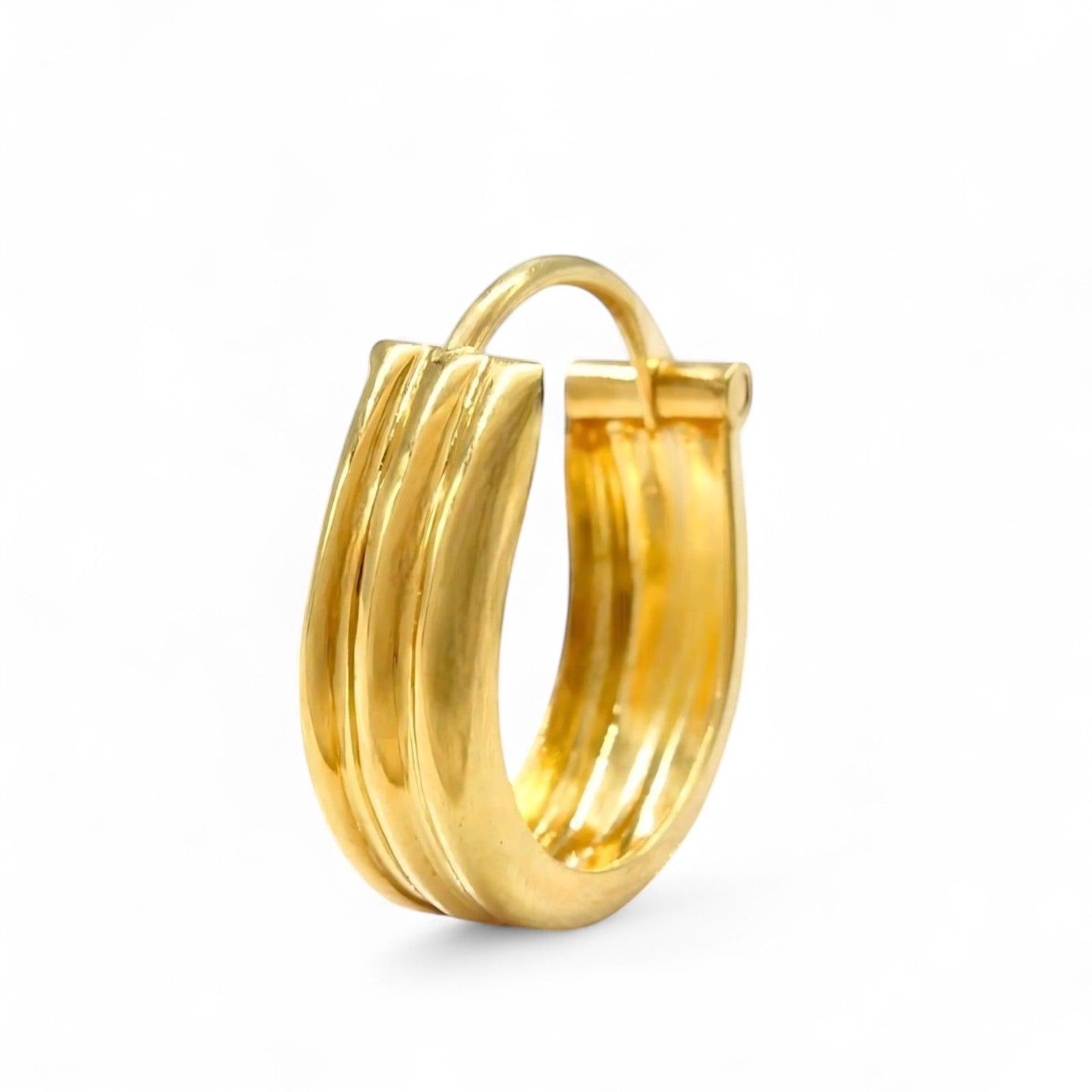 Indian hinged hoop Men Women Three Line EARRINGS 18k Solid Yellow Gold-Single