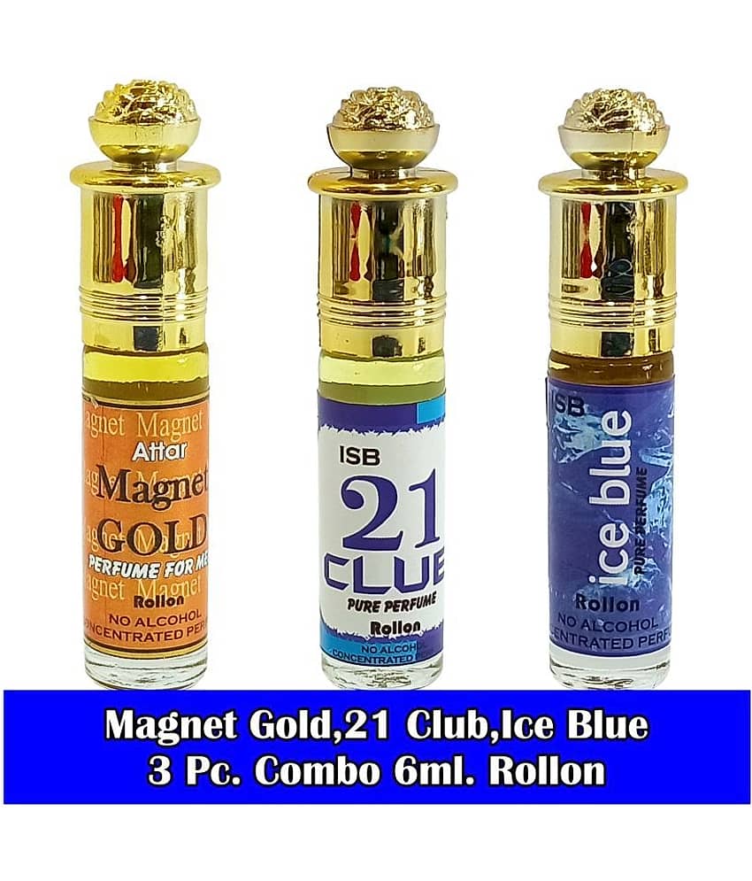 INDRA SUGANDH BHANDAR Attar MAGNET GOLD, 21 CLUB & ICE BLUE 6ml Rollon 3 Pc. Combo Pack