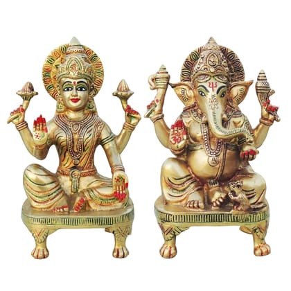 Brass Laxmi Ganesh Pair God Idol | Diwali Puja Murti Set, Height : 9.5 Inch (BSMAS1285)