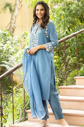 Blue Dutch Straight Kurta Set-XS