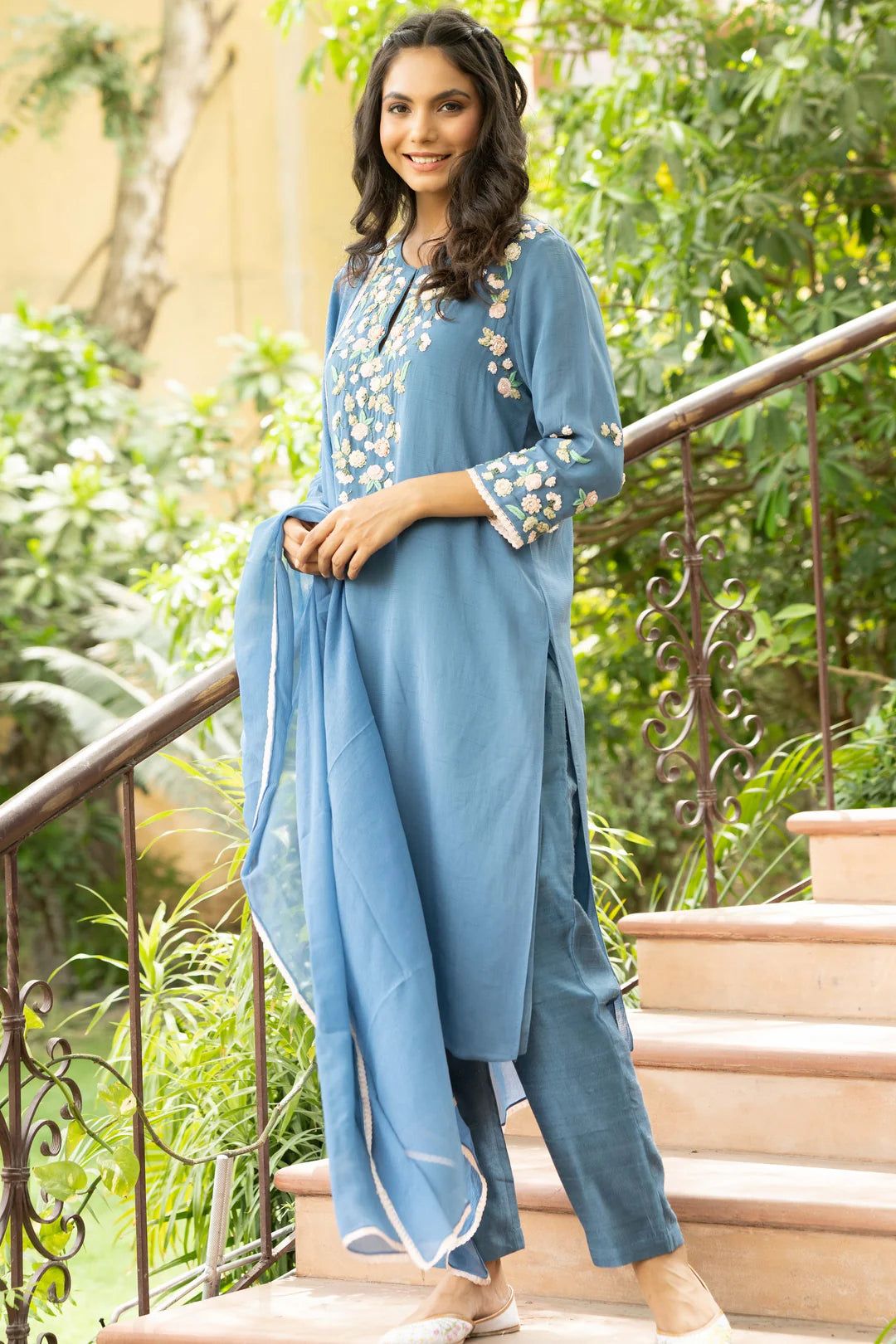 Blue Dutch Straight Kurta Set-XS