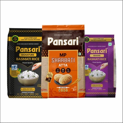 Pansari Signature Basmati 5Kg, Rice Khana Basmati Rice 1Kg & MP Sharbati Atta 5Kg, Combo Pack of 3,(11Kg)
