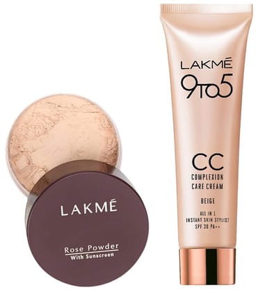 LAKM Rose Loose Face Powder with Sunscreen For All Skin Types, Matte Finish, Soft Pink, 40 g & 9 to 5 CC Cream Mini, 01 - Beige, L 9 g LAKM Rose Loose Face Powder with Sunscreen For All Skin Types, Matte Finish, Soft Pink, 40 g & 9 to 5 CC Cream Mini, 01