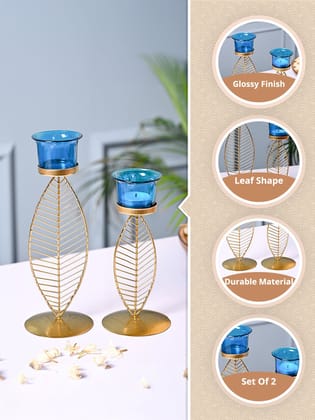 Gold Metal Leaf Candle Holder Set with Blue Glass Votive