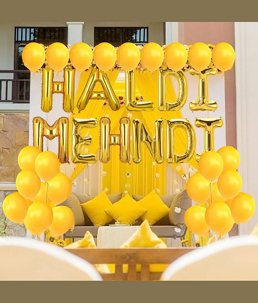 Zyozi Haldi and Mehndi Decoration Set Foil Balloon with Metallic Balloons Decorations Engagement Marriage Wedding & Haldi Ceremony Decoration Items Inflatable Party & Event Décor (Set of 52)