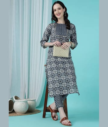 TRAHIMAM Cotton Blend Printed Kurti With Pants Women's Stitched Salwar Suit - Blue ( Pack of 1 )