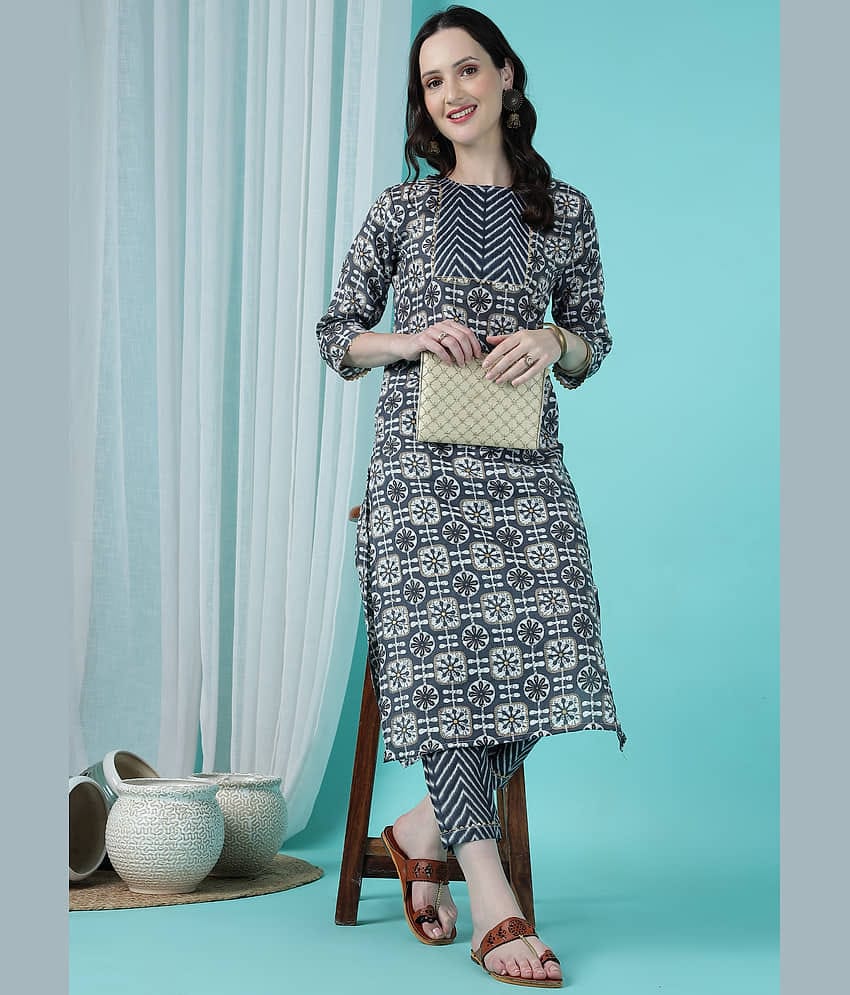 TRAHIMAM Cotton Blend Printed Kurti With Pants Women's Stitched Salwar Suit - Blue ( Pack of 1 )