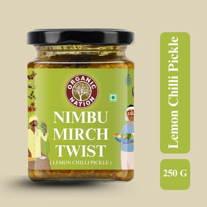Organic Nation Lemon Chilli Pickle - Nimbu Mirch Twist | Homestyle Taste with Traditional Recipe | Lemon & Green Chilli Achar | Authentic Indian Taste | No Preservatives | 250g