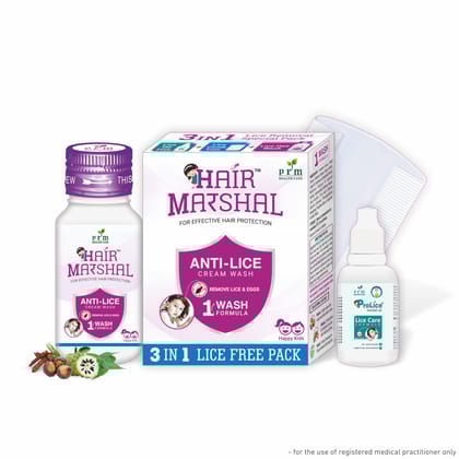 Hair Marshal Anti Lice cream wash 3 in Lice Free Pack (3 X 30ml) Each Pack Anti lice oil (12 ml) & Lice Specialist Comb