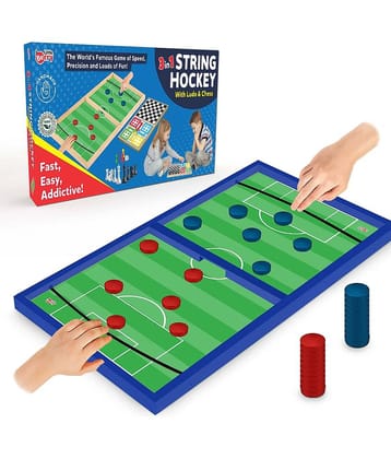 Little Berry 3 in 1 String Hockey Table Board Games for Adults & Kids | Double-Sided Wooden Fastest Finger First Indoor Game With Ludo & Chess | Sling Puck Board Hockey Toy Big Size (12" x 24")