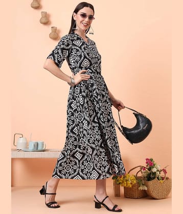 Tissu Women Rayon Printed Fit & Flare Dress ( Black )