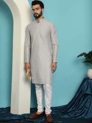 Men's Jacqard Silk Grey Kurta & White Pyjama Set-36