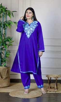 Blue Aari Embroidered Cotton Co-ord Set-S