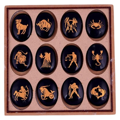 Black Agate Zodiac or Horoscope Symbols Engraved Stones (Set of 12) for Reiki Healing Balancing and Meditation(KI_06)  by Krishna Impex