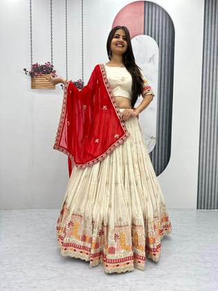 Pure Banarasi Tissue Thread Embroidery work Lehenga Choli-Free Size