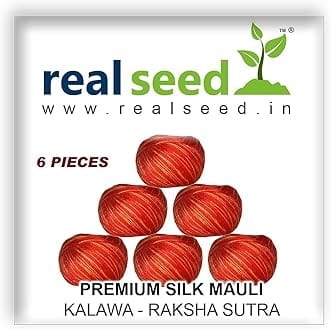 REAL SEED Silk Mauli - Kalawa - Raksha Sutra with Two Natural Colors Red and Saffron in silk thread 6 Pieces Combo