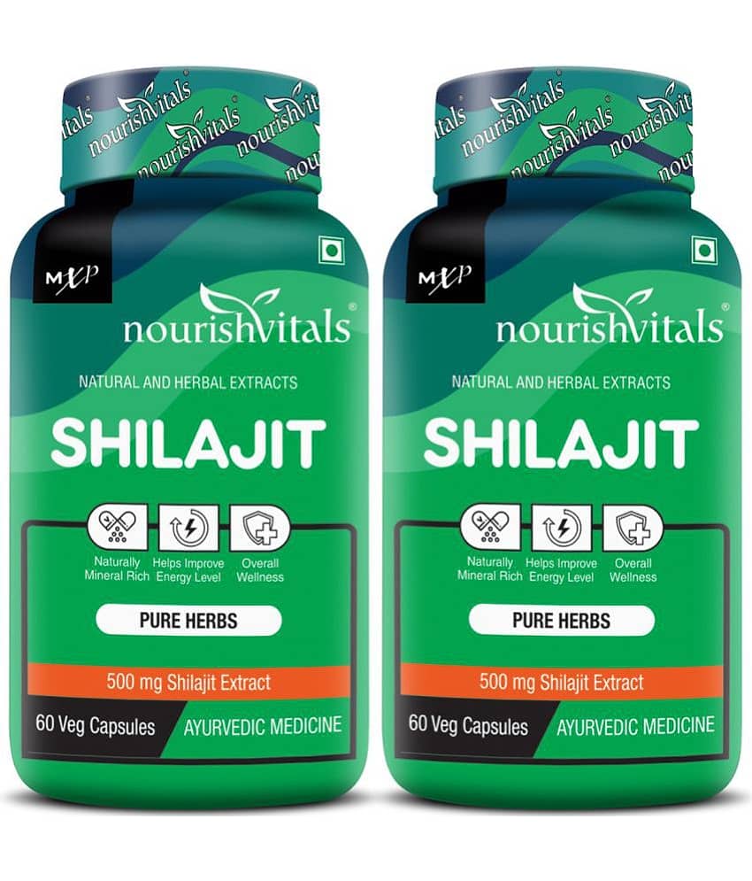 NourishVitals Premium Shilajit 50% Fulvic Acid High Strength 500 mg Extract, Naturally Mineral Rich, 60 Veg Capsules (Pack Of 2)