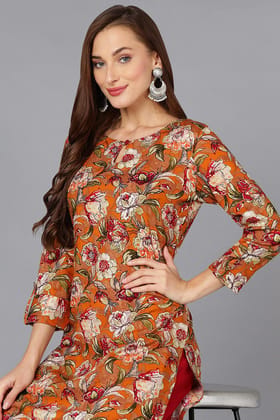 Cotton Blend Mustard Floral Printed Straight Kurta VCK9232