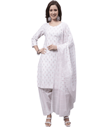 Rajnandini Women Cotton Blend Printed Straight Kurti With Patiala Salwar ( White )