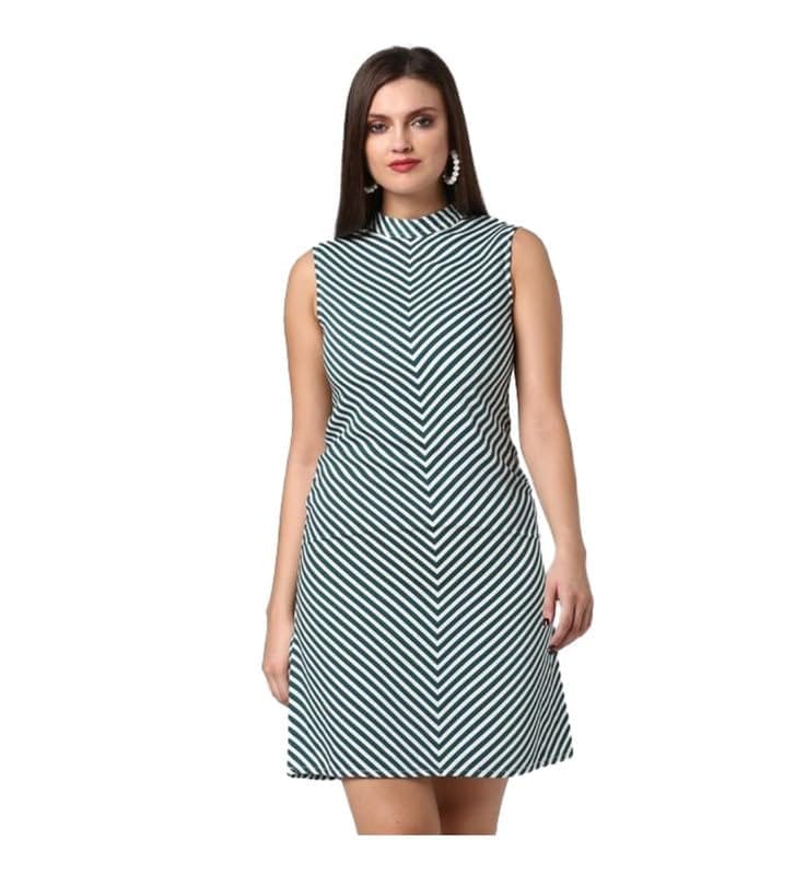 Women's Polyester Striped Sleeveless Above Knee Dress (Green, S)-PID55777