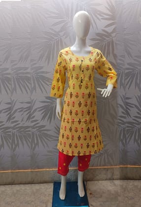 Yellow floral cotton Kurti Set-XXL