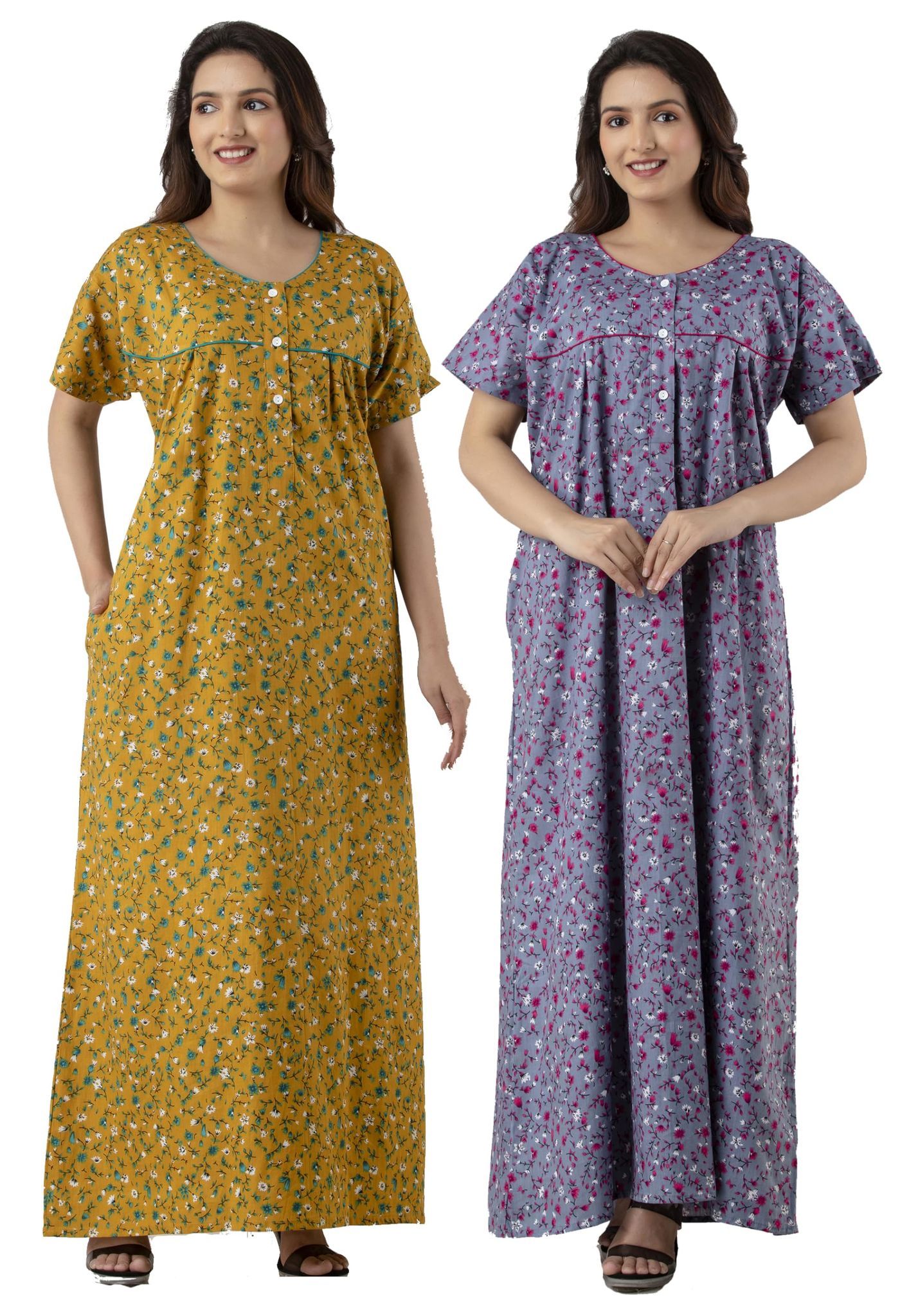 Combo Floral Printed Maxi Nightwear Nighty | Cotton Nighty for Women with Pockets | Comfortable Maxi Dress/Sleepwear/Nightwear (Free Size- L/XL)