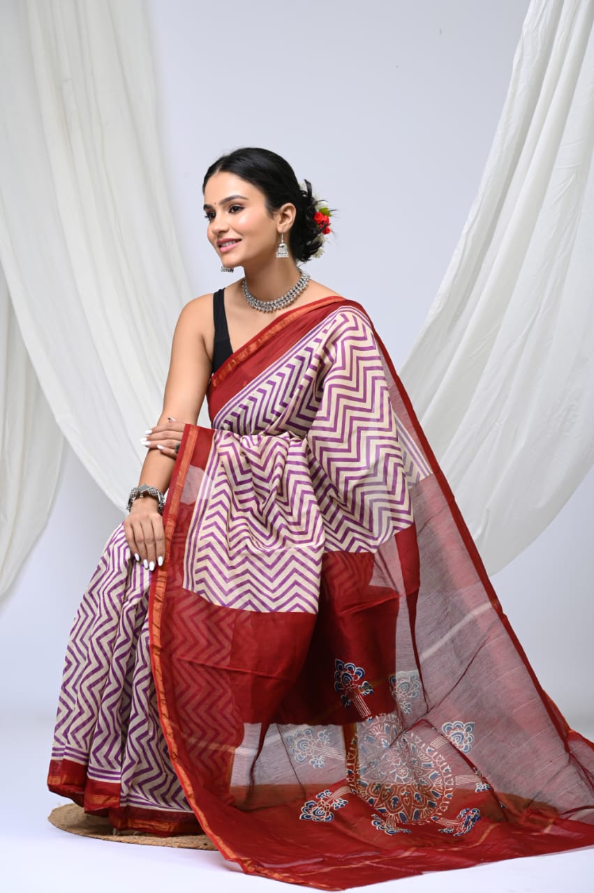 Hand block printed chanderi silk Sarees with blouse A