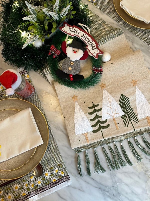 KRI India Bloom Christmas Tree Fringed Table Runner | Shades of Green & Beige  | 14x80 inches  | Wash & Care | 100% Cotton | Handcrafted in India. 100% organic & natural.