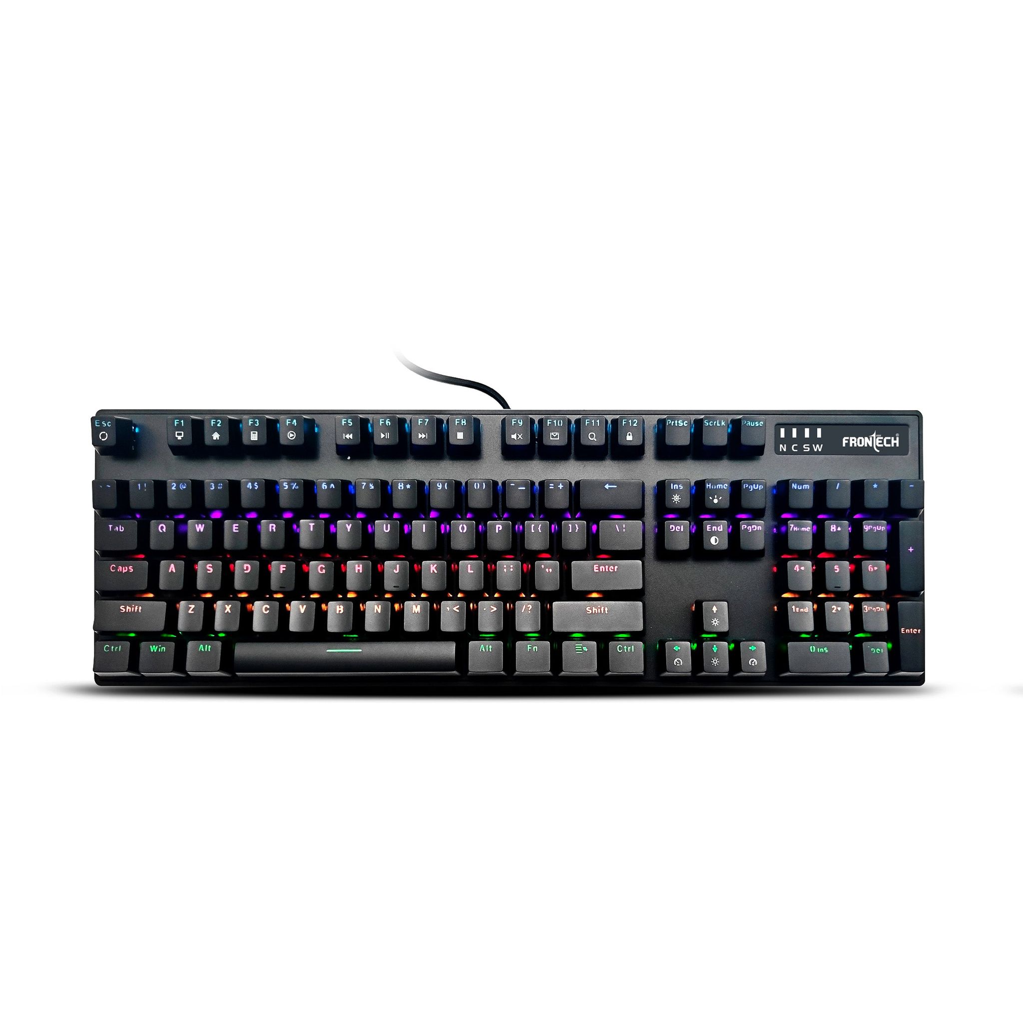 Frontech Wired Mechanical Gaming Keyboard | 104 Keys | Rainbow Backlit | Anti-Ghosting | Ergonomic Design | 12 Multimedia Hotkeys | Height Adjustable | 1-Year Warranty (KB-0014P)