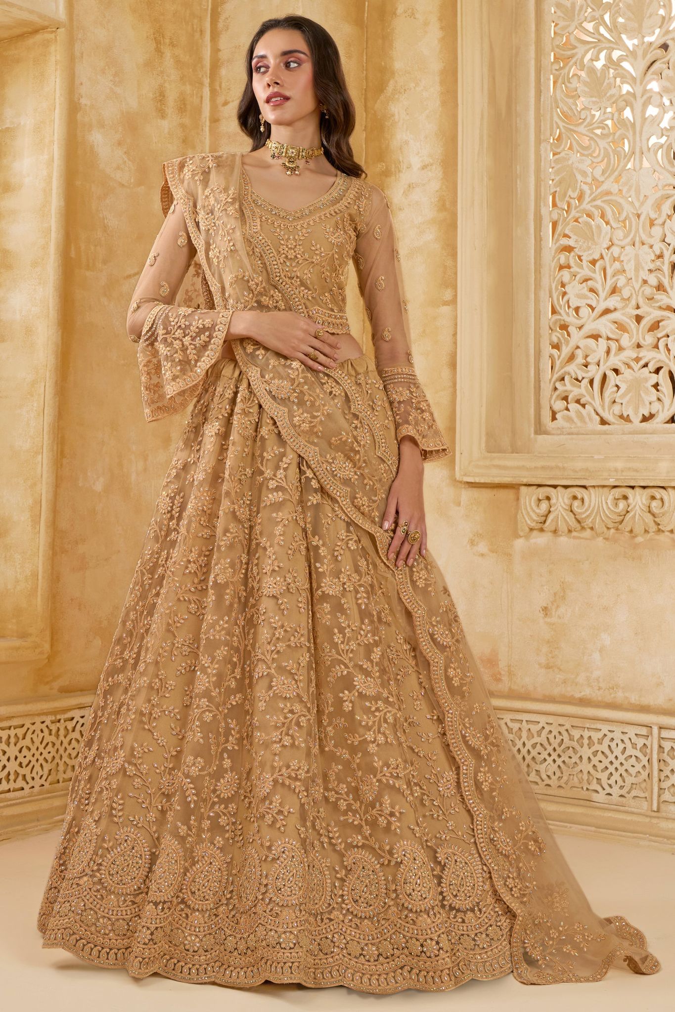 Golden Beige Semi Stitched Embroidered Net Lehenga
