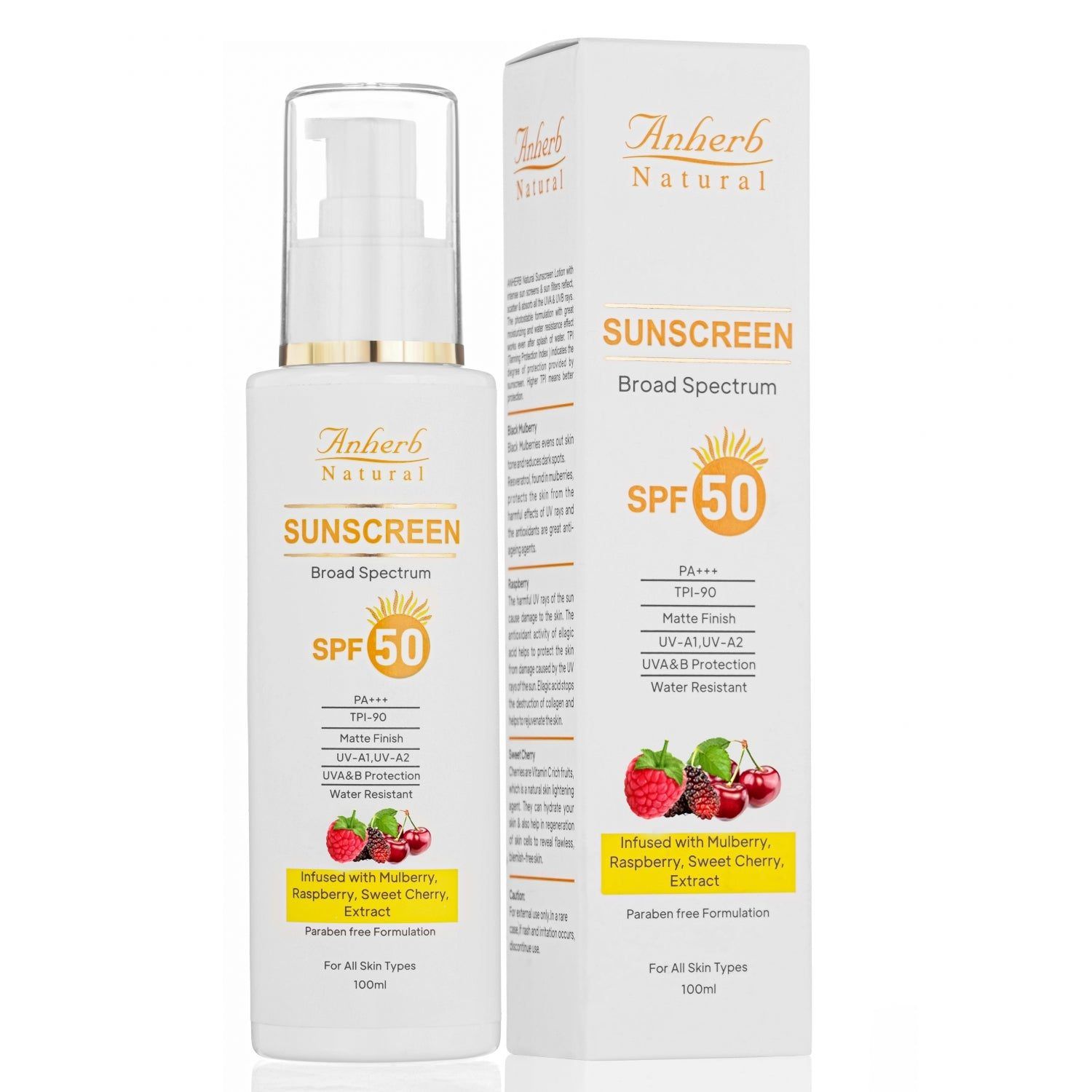 Anherb Natural SPF 50 Sunscreen Lotion, UVA & UVB Protection, Broad Spectrum PA+++ Sunscreen - 100ml