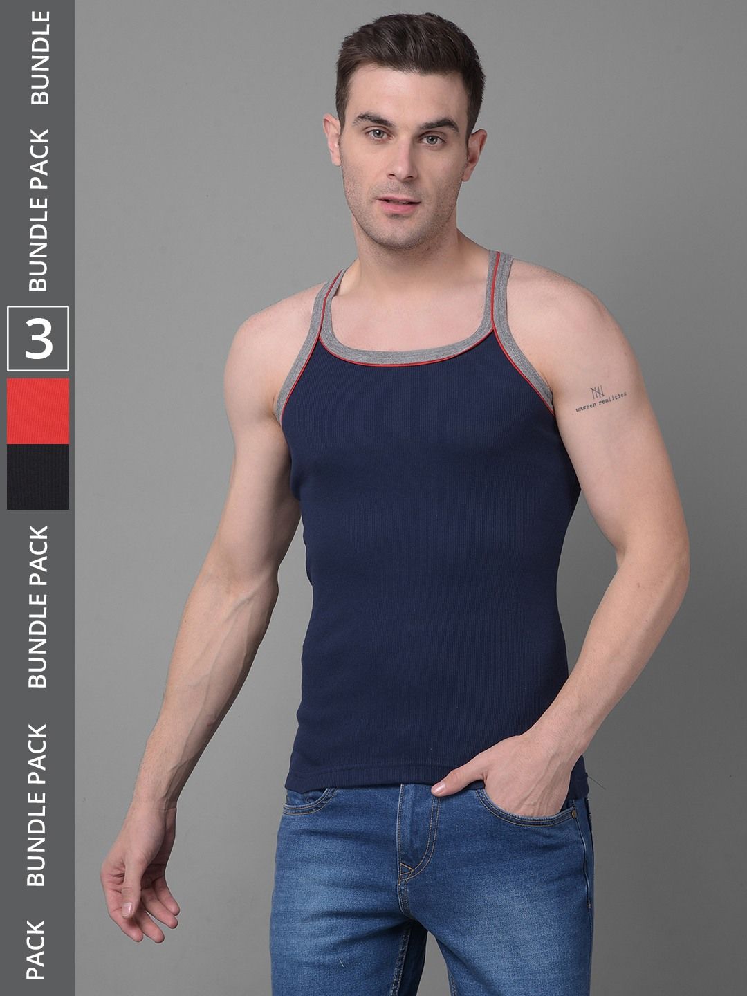 Men's Assorted Pack of 3 Solid Combed Cotton Racerback Styled Gym Vest