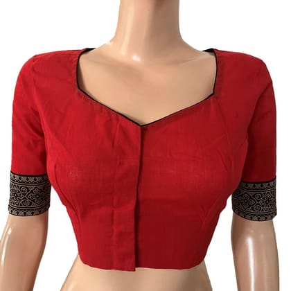 South Cotton Sweetheart neck Blouse with Ajrakh Patches,Red , BH1280-S