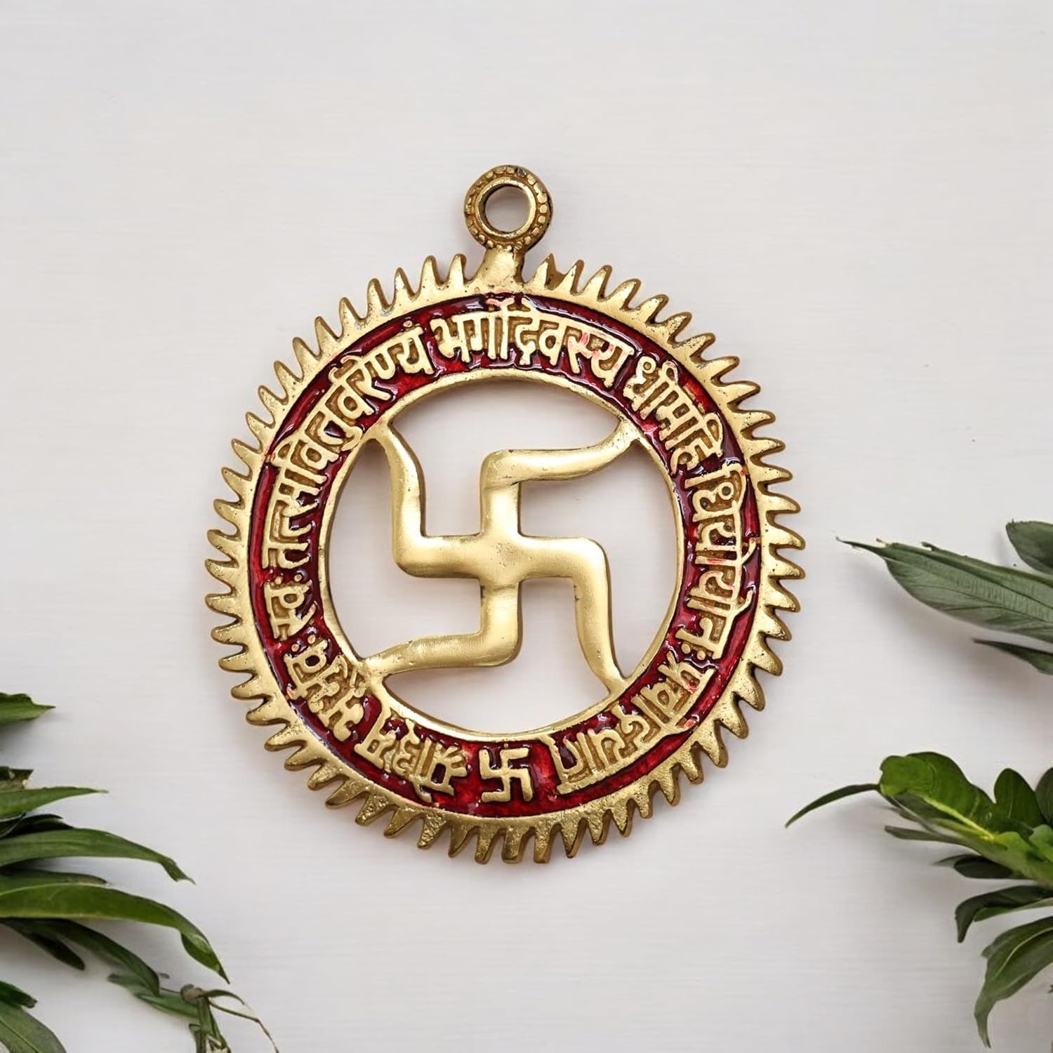Dreamkraft Swastik with Gayatri Mantra Metal Wall Hanging | Red Enamel Vastu Decorative Door/Wall Hanging | Antique Gold Religious Handicraft for Home Temple Decor - 15 x 14 cm, 100 gm