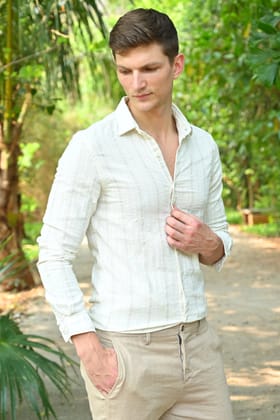 Carbon - Textured Striped Shirt - Beige-XL-44 / BEIGE