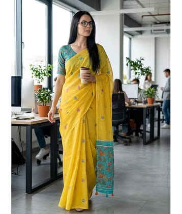 ANAND SAREES Cotton Printed Kasavu Saree With Unstitched Blouse Piece ( YELLOW )