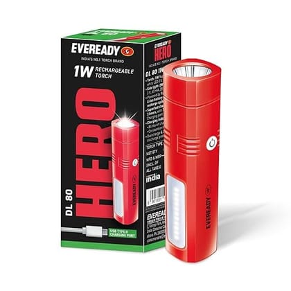 Eveready DL80 Flashlight | Micro USB Fast Charging in 3 Hours | 4 Lighting Modes | Sidelight | Charging Indicator | Ideal for Hiking, Camping, Power Outages, Vehicle Breakdowns_assorted colour