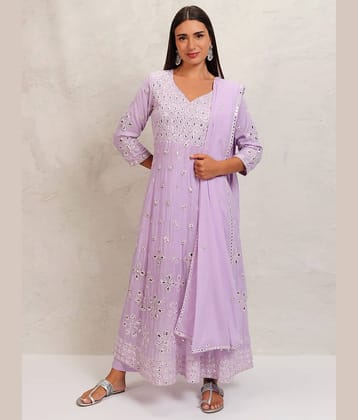 Vishudh Women Cotton Embroidered Anarkali Kurti With Pants ( Lavender )