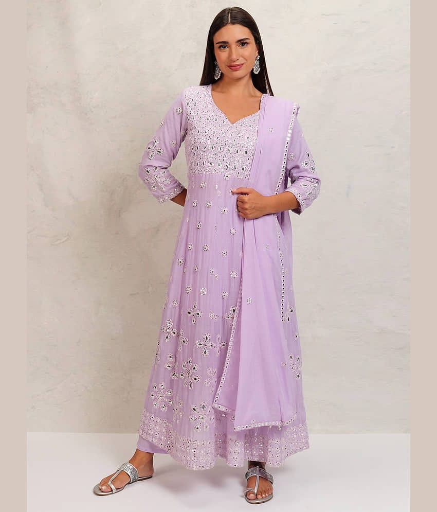 Vishudh Women Cotton Embroidered Anarkali Kurti With Pants ( Lavender )